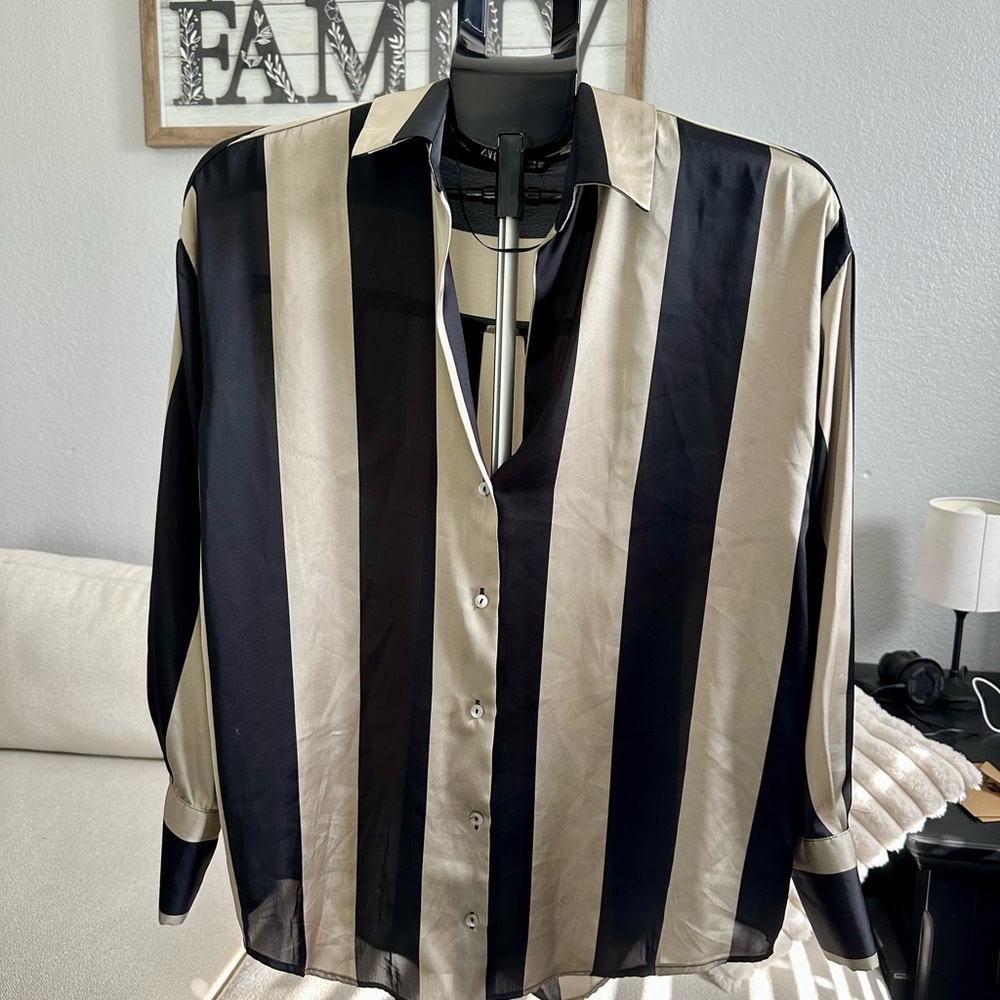 Zara Black and Cream Striped Button Down Shirt